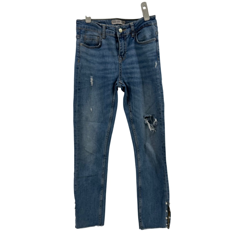 Zara Basic Denim Womens Jeans Distressed Pearl Embellished Ankle Crop Blue 2